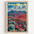 Crater Rim Haleakalā National Park vintage poster in a light oak frame on a plain white wall