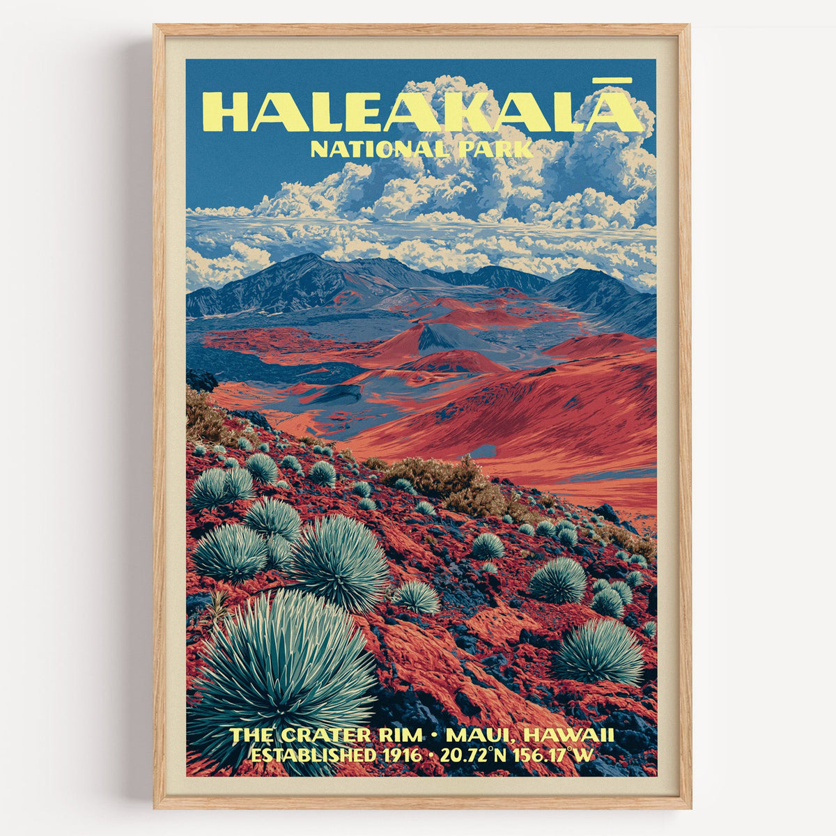 Crater Rim Haleakalā National Park vintage poster in a light oak frame on a plain white wall