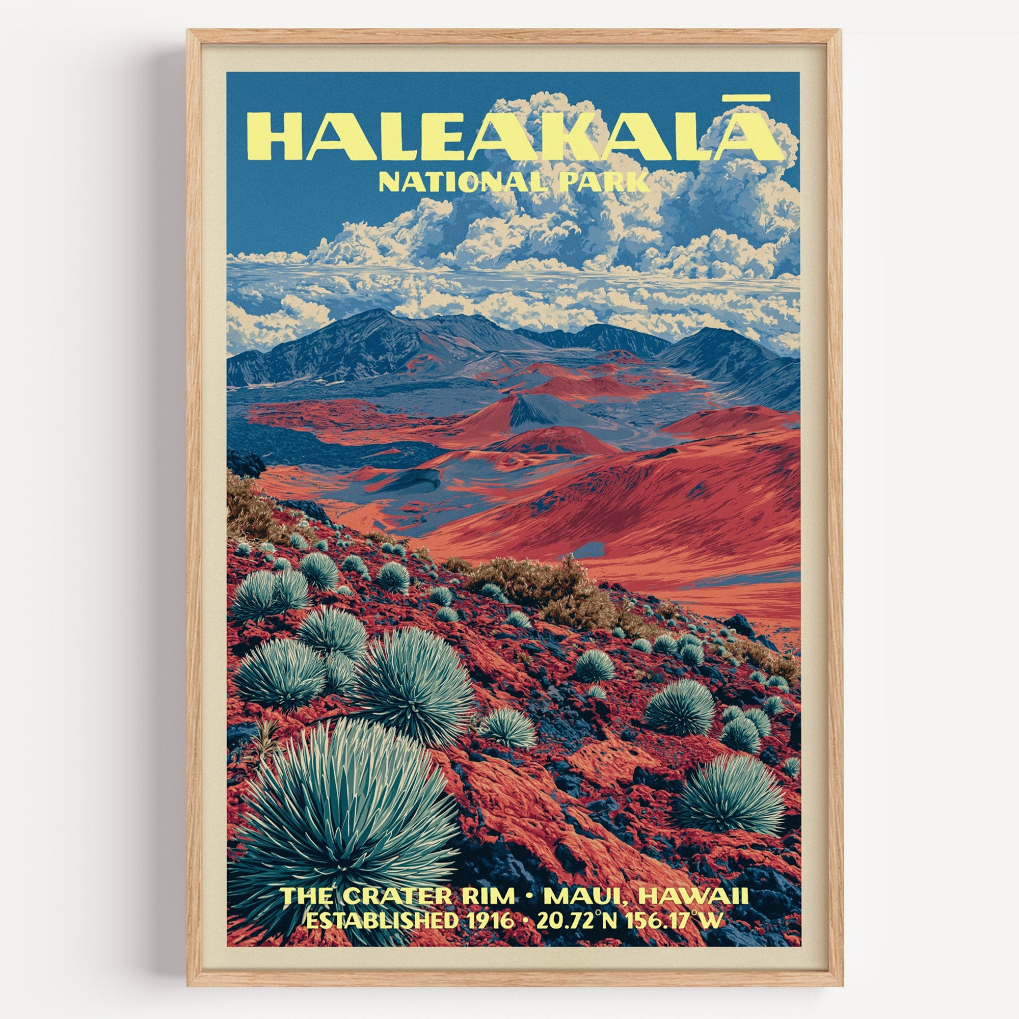 Crater Rim Haleakalā National Park vintage poster in a light oak frame on a plain white wall