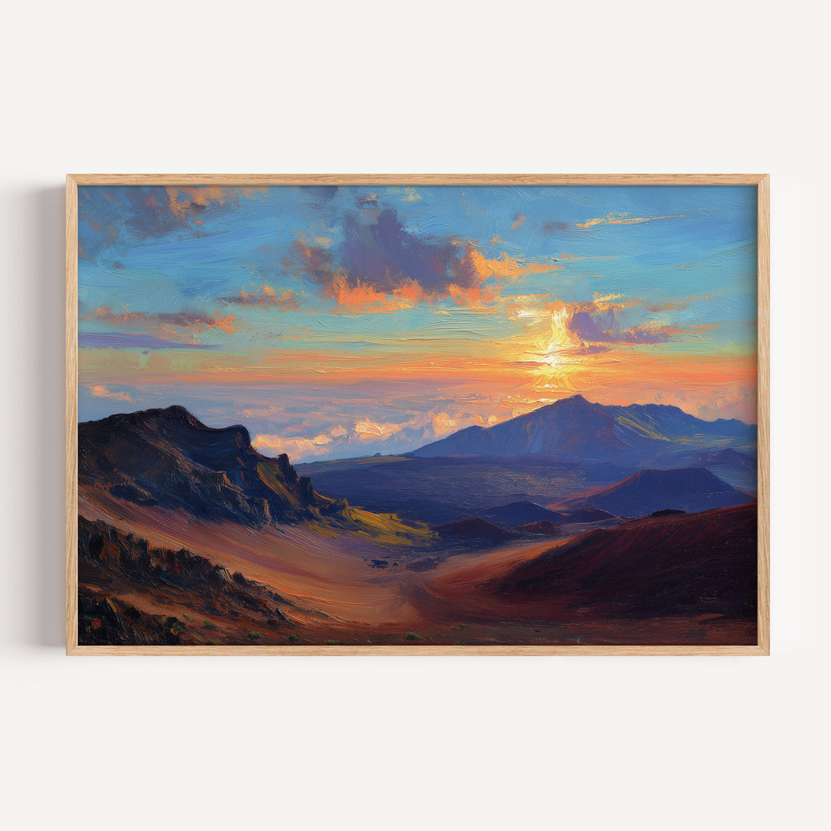 Haleakala National Park oil painting print in an oak frame: sunrise above the clouds over the crater