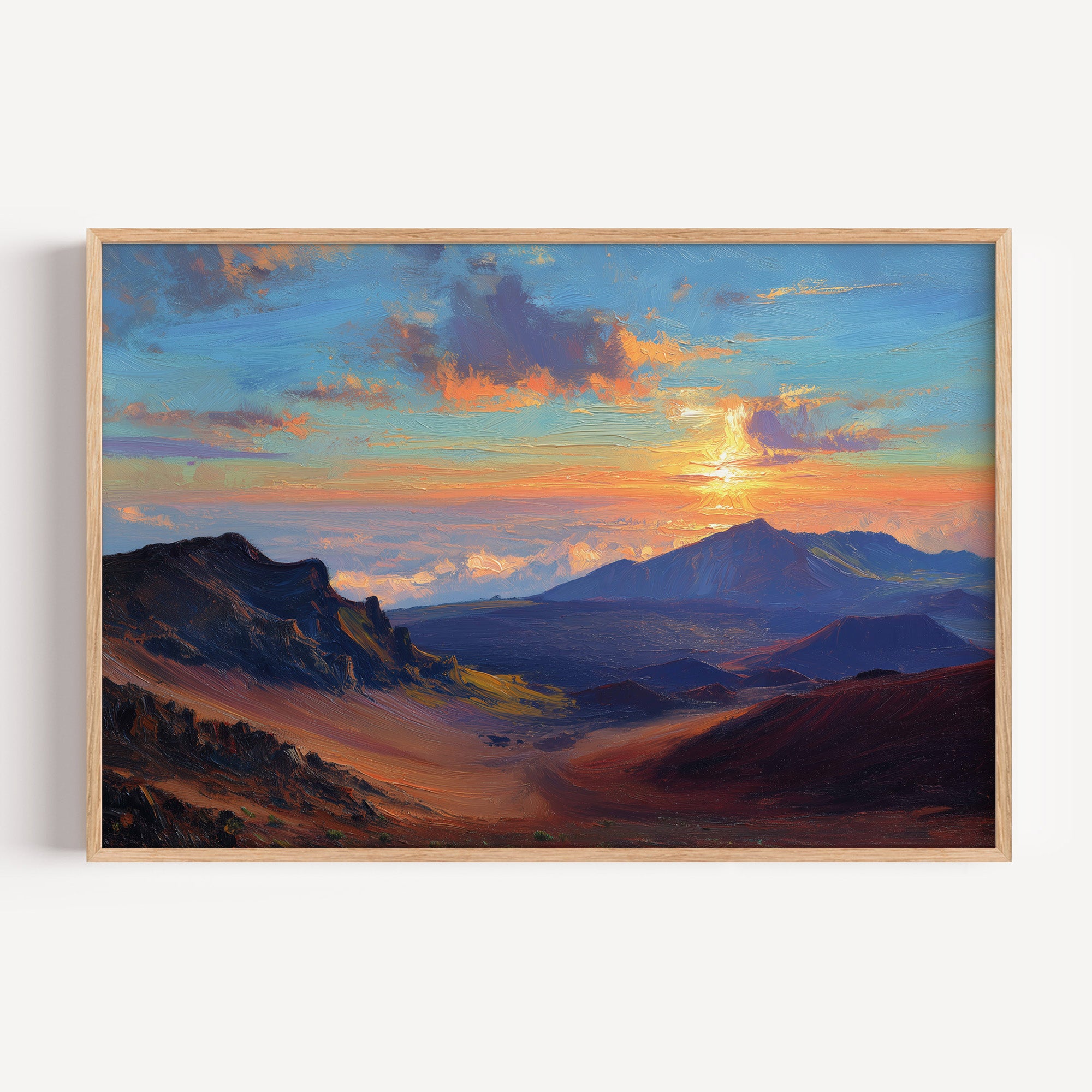 Haleakala National Park oil painting print in an oak frame: sunrise above the clouds over the crater
