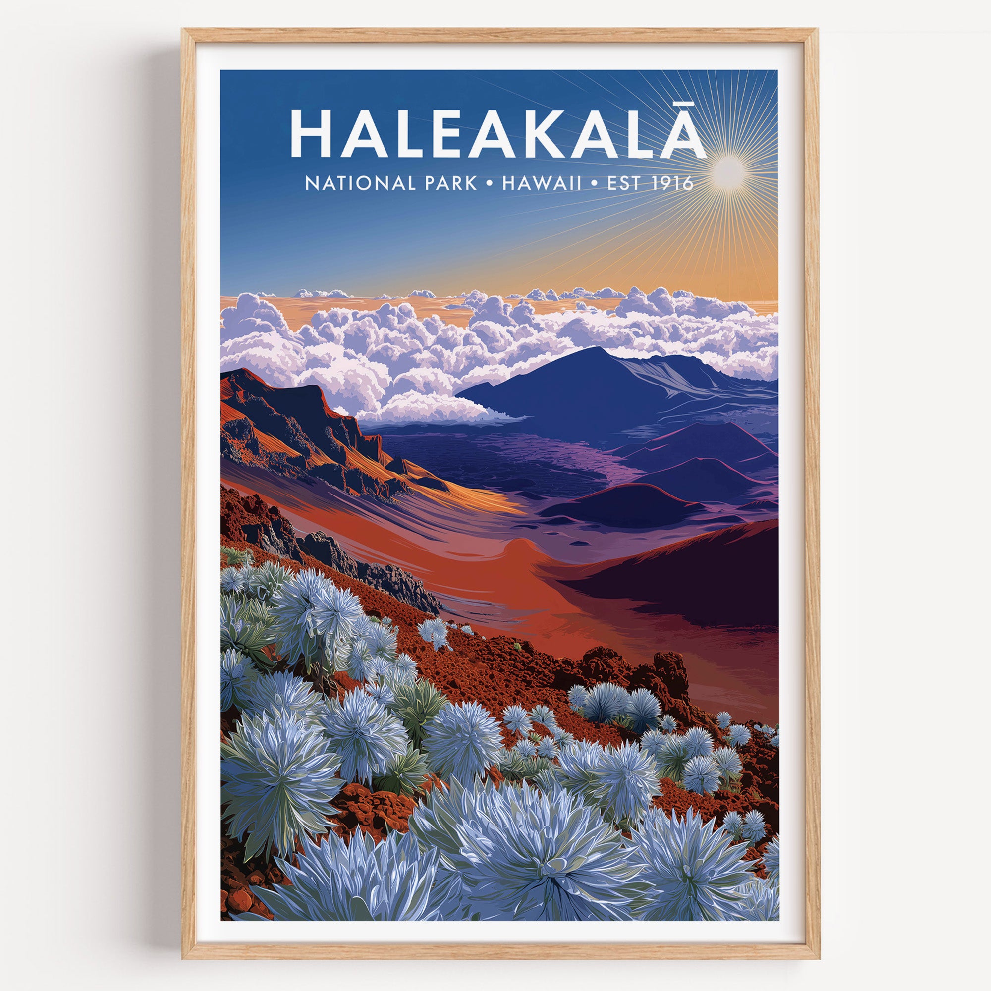Haleakalā National Park mid-century modern art print — the cinder cones of the summit basin seen above a floor of cloud
