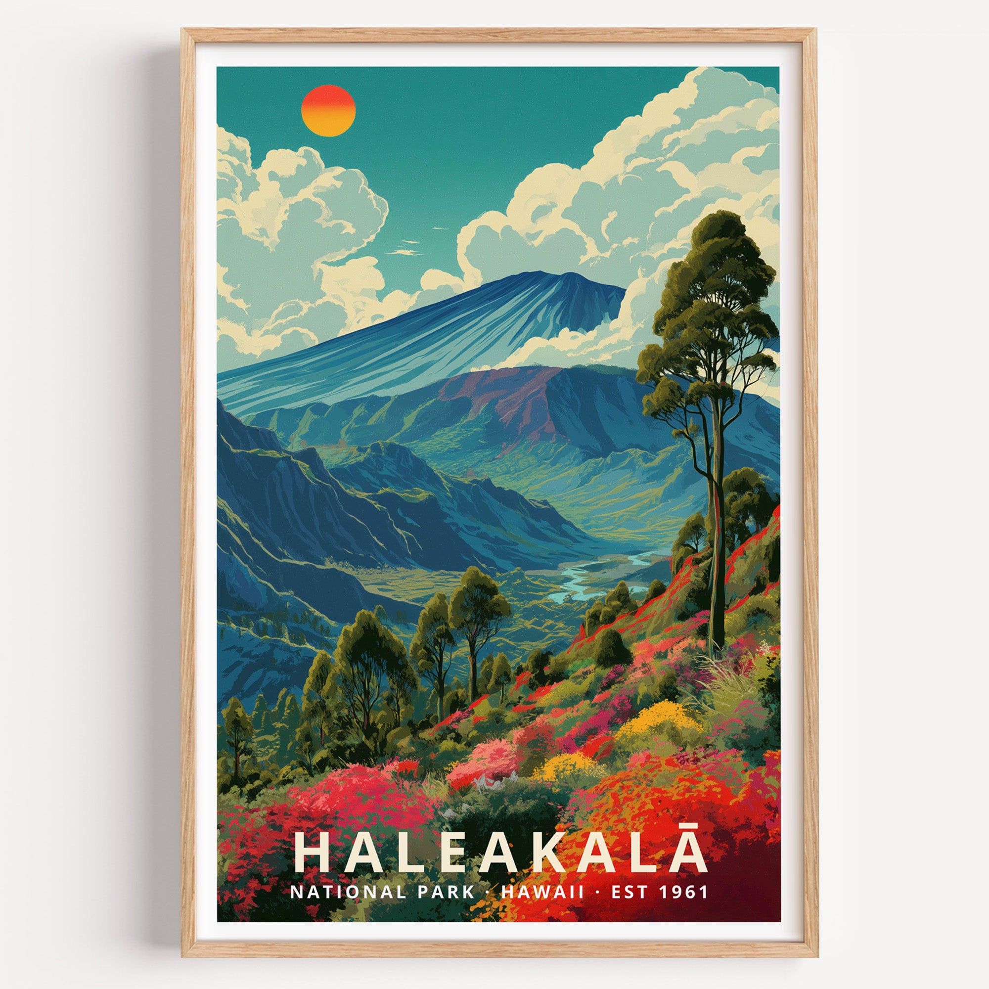 Haleakalā National Park retro travel poster — the volcanic crater rim above green valleys and tropical wildflowers, Hawaii
