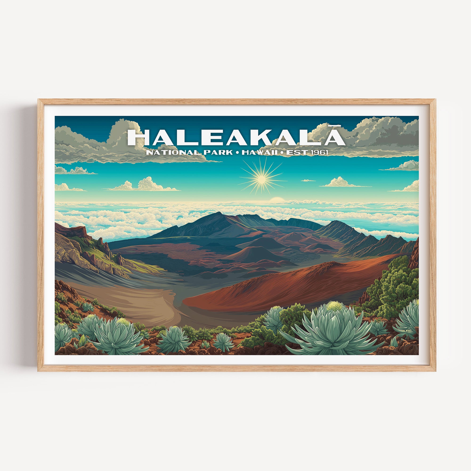 Silversword plants above the cinder cones of Haleakala crater in a sea of clouds — Haleakalā National Park vintage WPA travel poster print