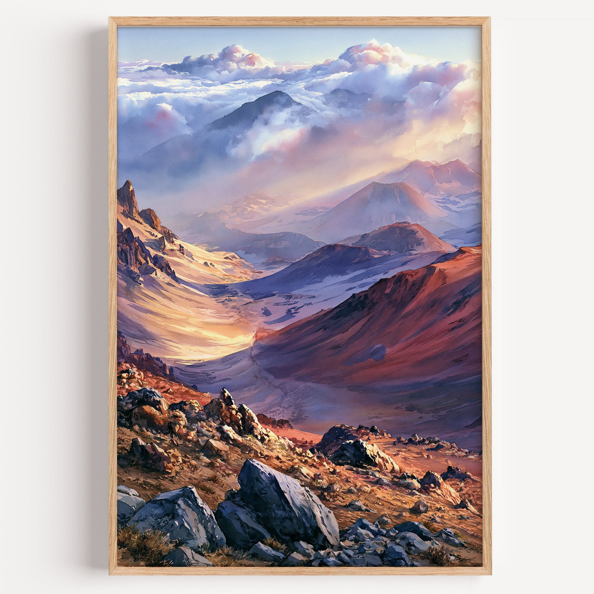 Haleakala National Park watercolor art print: red cinder cones and cloud inside the Haleakala summit crater