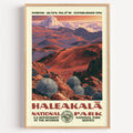 Haleakalā National Park vintage WPA poster in a wood frame, the red cinder cones of the summit crater above a sea of clouds