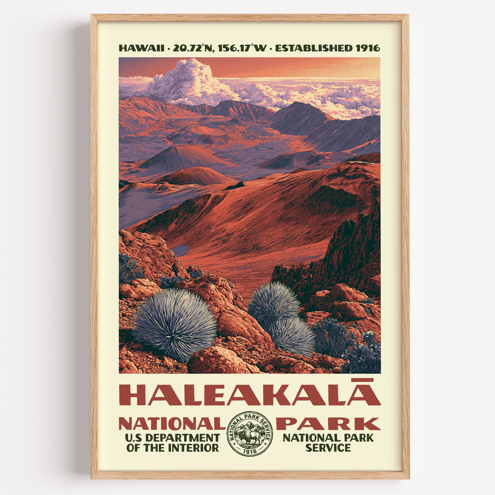Haleakalā National Park vintage WPA poster in a wood frame, the red cinder cones of the summit crater above a sea of clouds