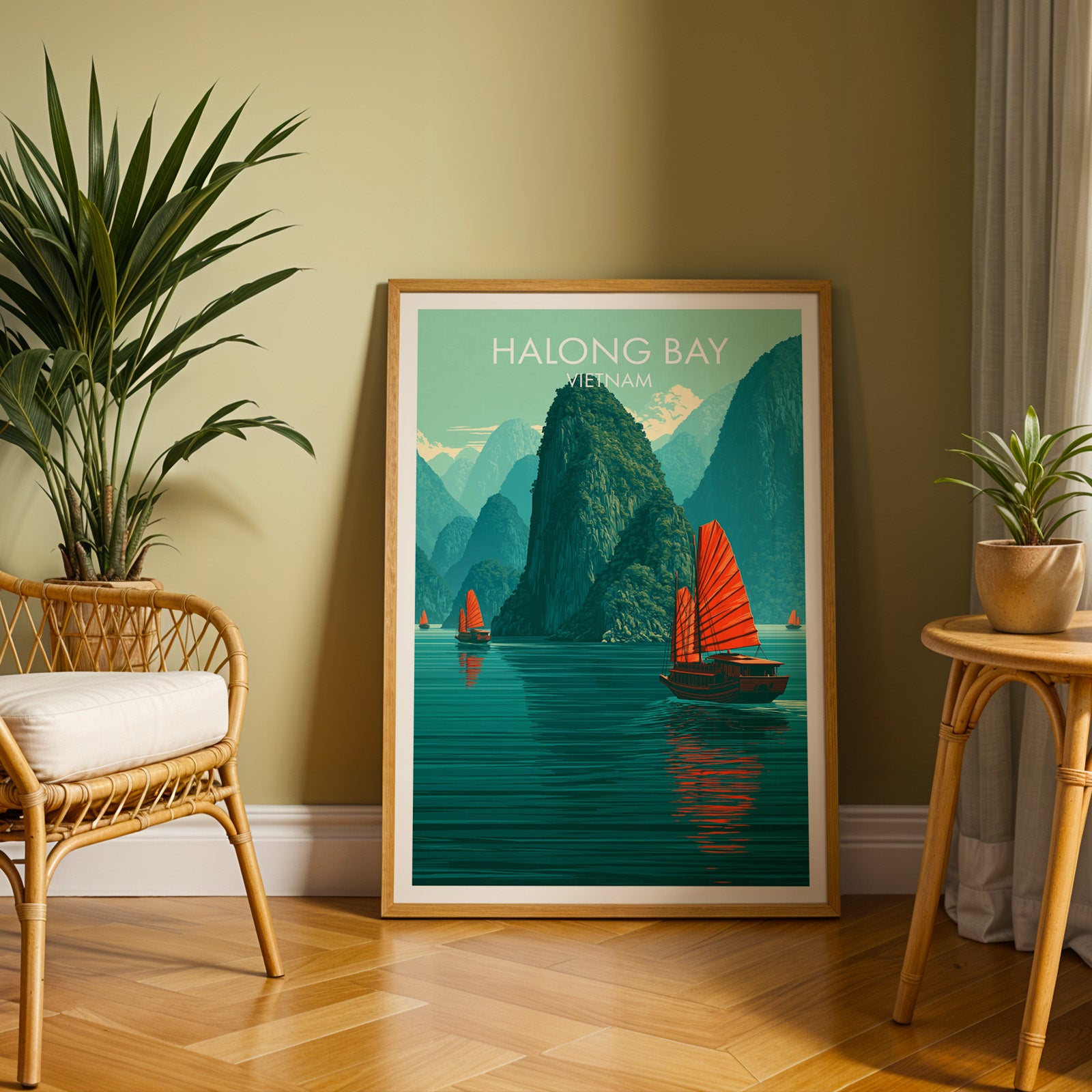 Large Halong Bay Vietnam travel print in an oak frame leaning on a herringbone floor next to a rattan chair
