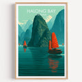 Halong Bay Vietnam travel poster in a natural wood frame, shown against a clean white wall