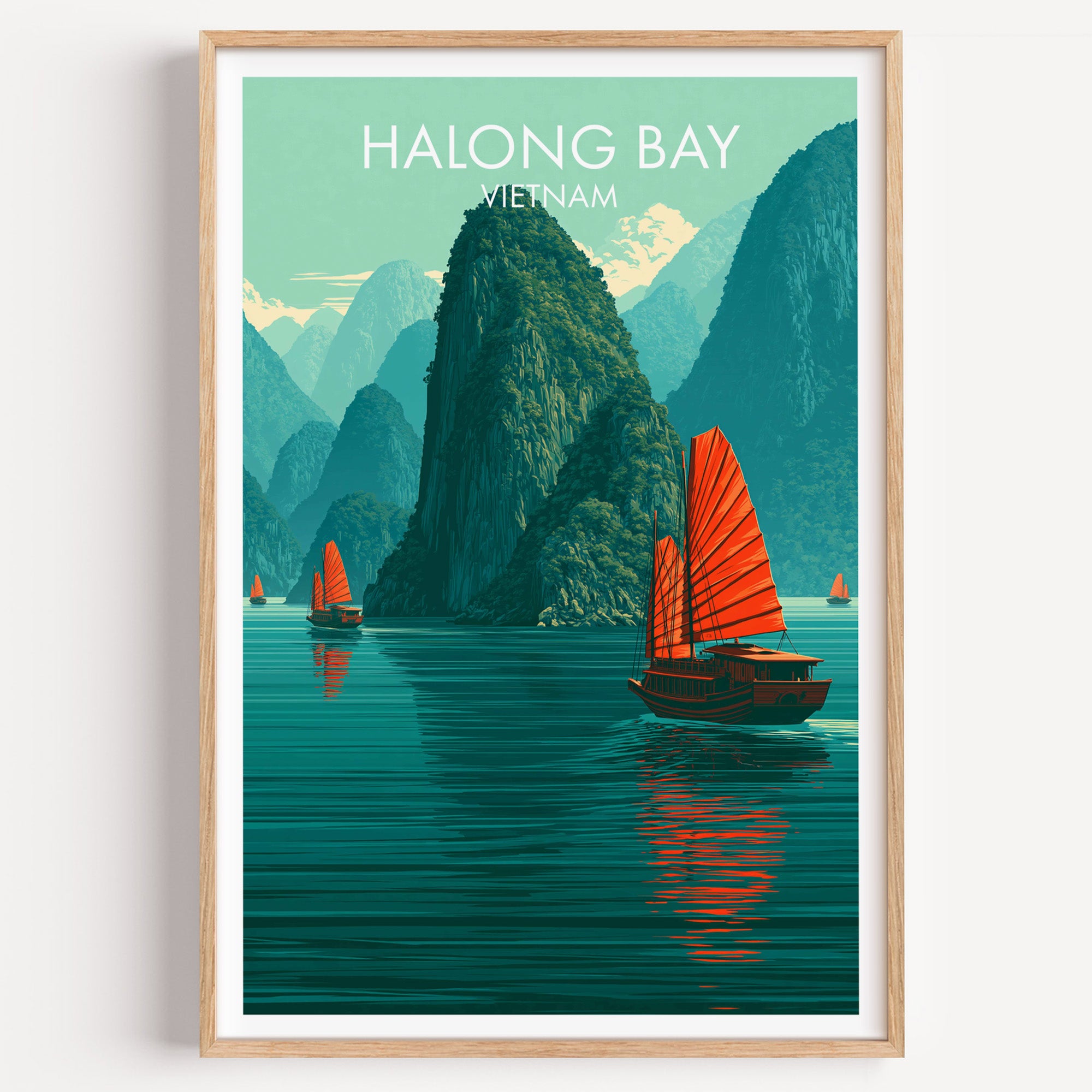 Halong Bay Vietnam travel poster in a natural wood frame, shown against a clean white wall