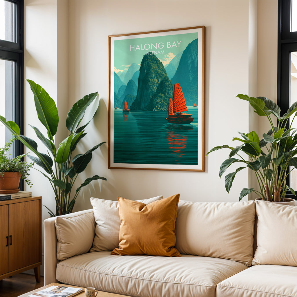 Framed Halong Bay Vietnam wall art hanging above a cream sofa in a bright living room with tropical plants