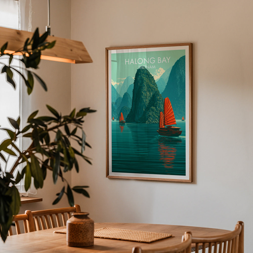 Framed Halong Bay Vietnam print on a dining room wall above an oak table in warm afternoon light