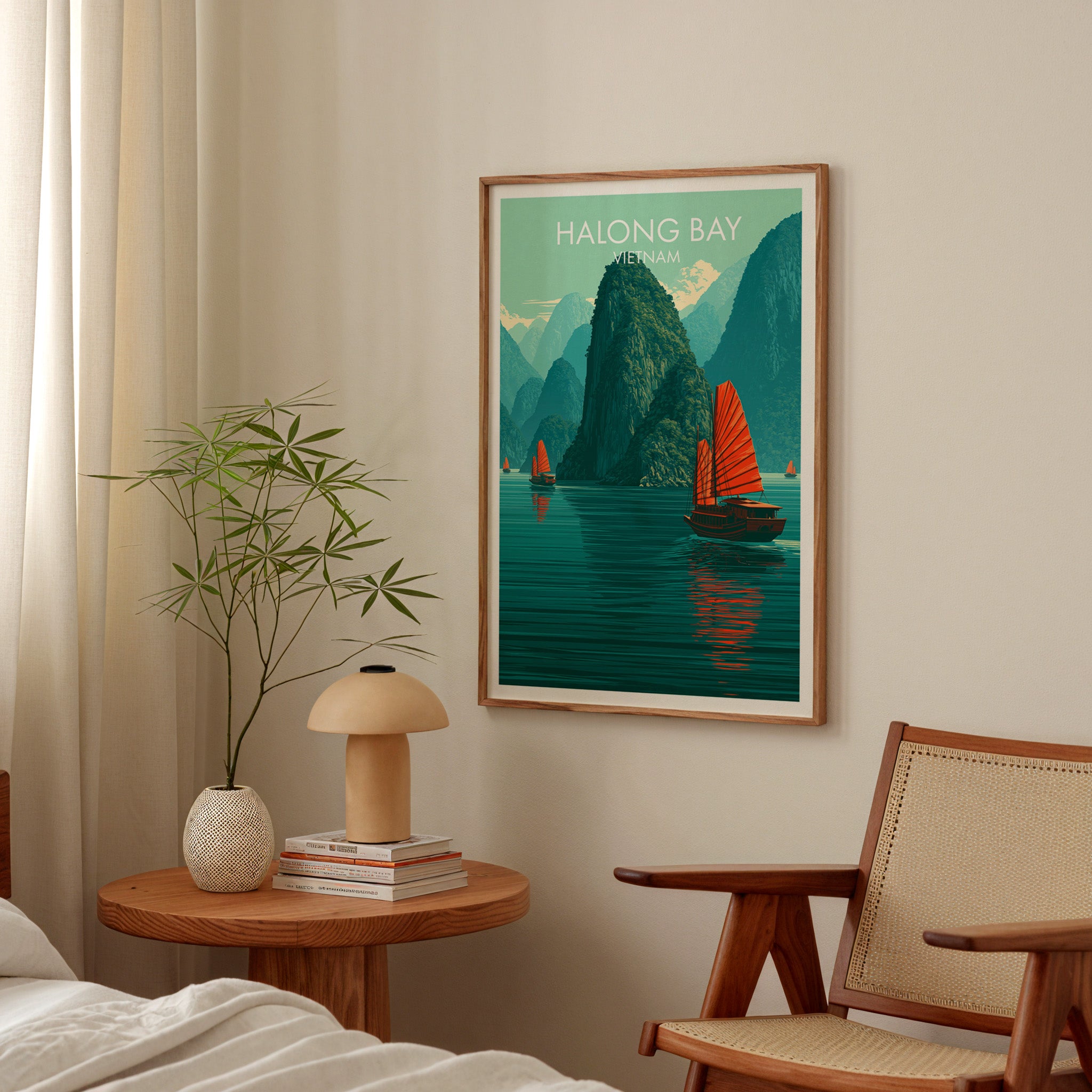Halong Bay Vietnam poster above a bedroom nightstand with a bamboo plant and mushroom lamp