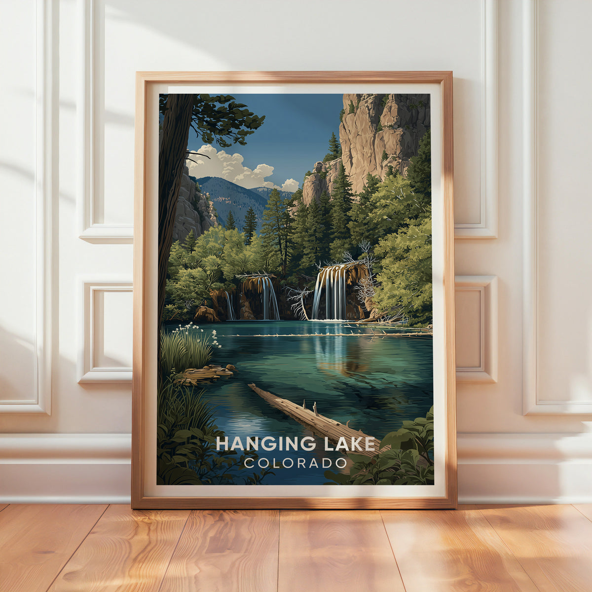 Hanging Lake artwork in oak resting on a panelled white wall with sunlight across the wood floor