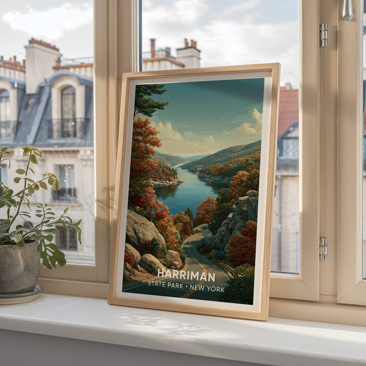 Harriman State Park poster in oak on a window ledge with Paris mansard roofs outside