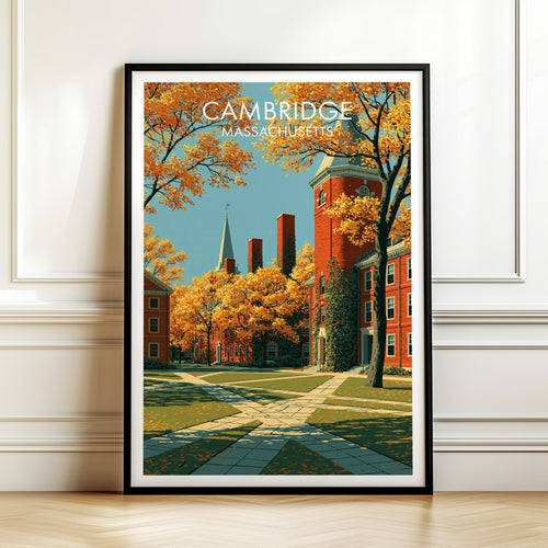 Cambridge Massachusetts print in a black frame leaning on white panelled moulding above a herringbone wood floor