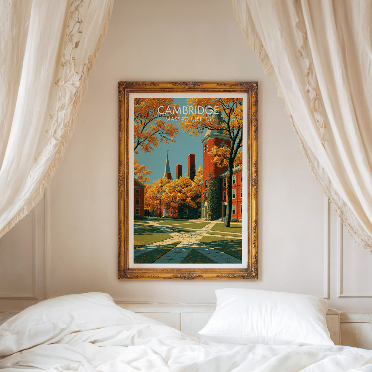 Cambridge Massachusetts canvas print in a carved gold frame above a white headboard with linen canopy drapes