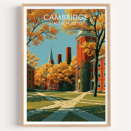 Cambridge Massachusetts travel poster in a light oak frame on a plain white wall, shot straight on with a soft shadow