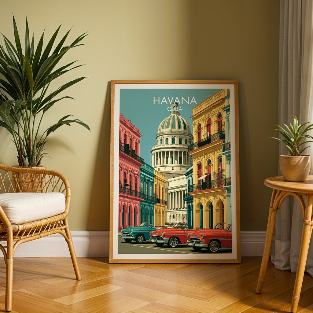 Turquoise sky over Havana in an oak frame leaning on herringbone parquet, rattan chair left, cane table and plant