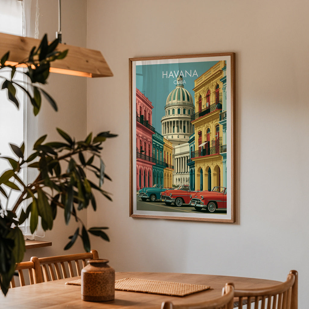 Red convertibles print in an oak frame in a dining corner with oak table, spindle chairs and a wood pendant lamp