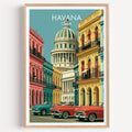 Havana travel print of the Capitolio dome and classic cars in a light oak frame on a plain white wall