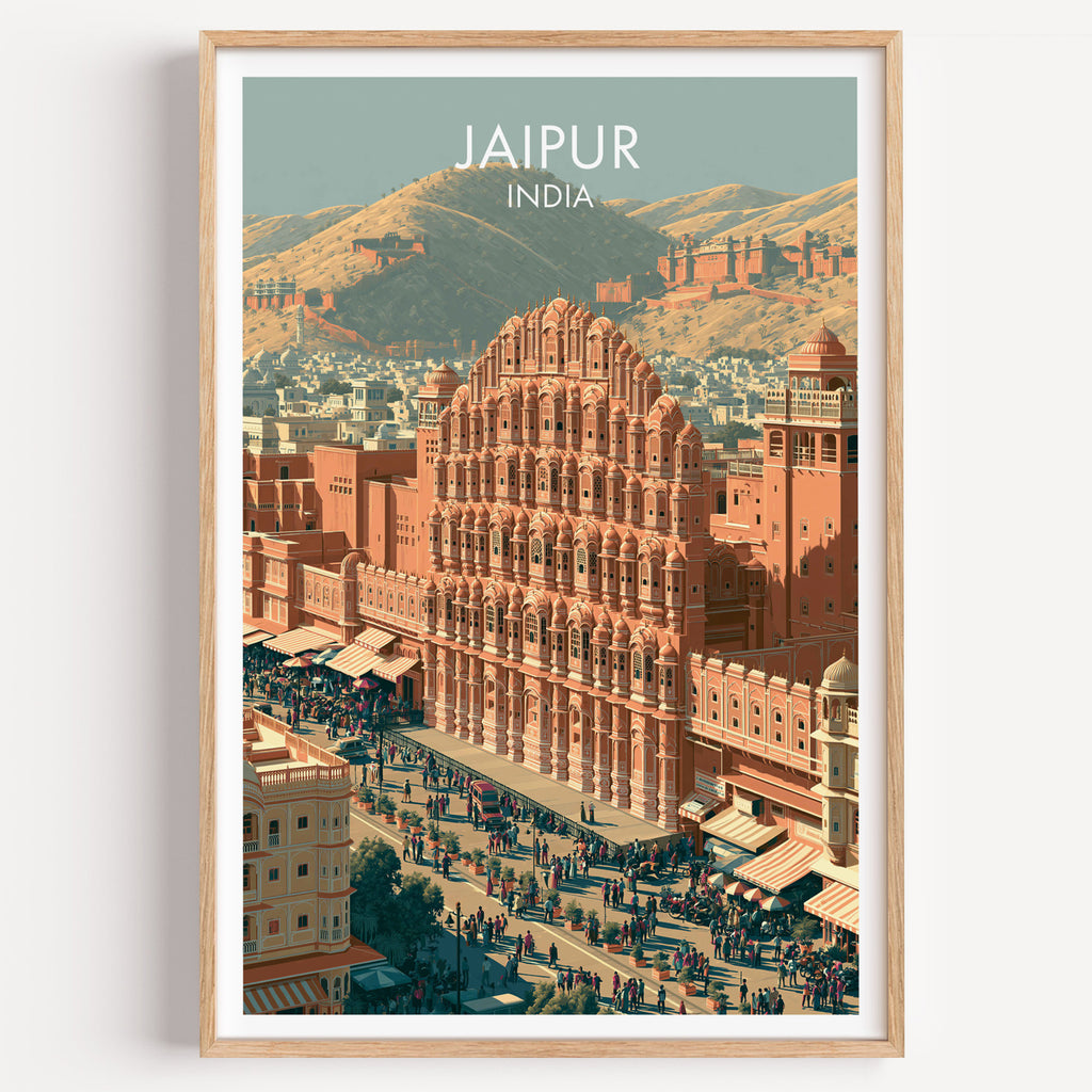 Hawa Mahal Jaipur India travel poster in a natural wood frame, shown against a clean white wall