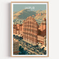 Hawa Mahal Jaipur India travel poster in a natural wood frame, shown against a clean white wall