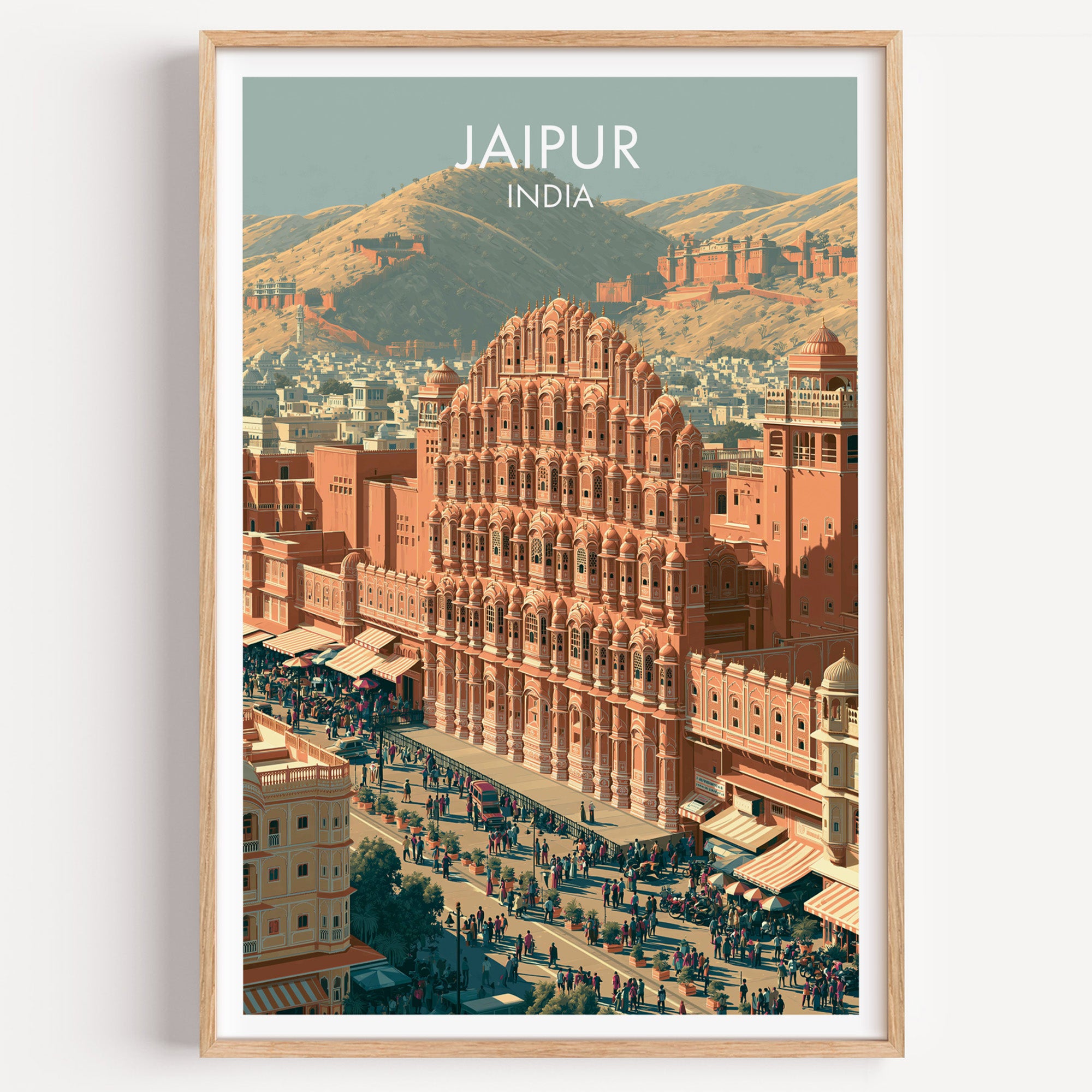 Hawa Mahal Jaipur India travel poster in a natural wood frame, shown against a clean white wall