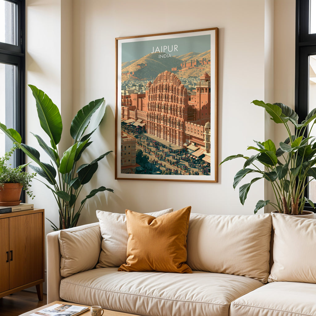 Framed Hawa Mahal Jaipur India wall art hanging above a cream sofa in a bright living room with tropical plants