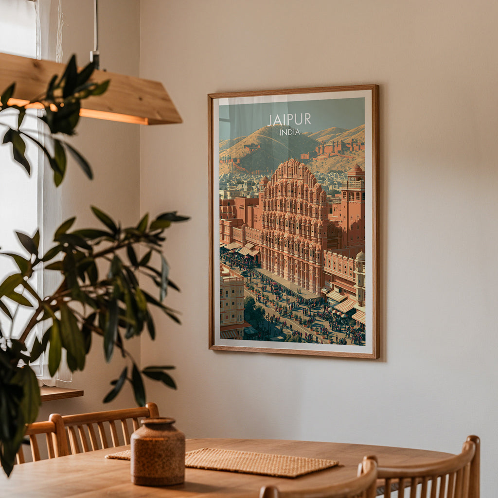 Framed Hawa Mahal Jaipur India print on a dining room wall above an oak table in warm afternoon light