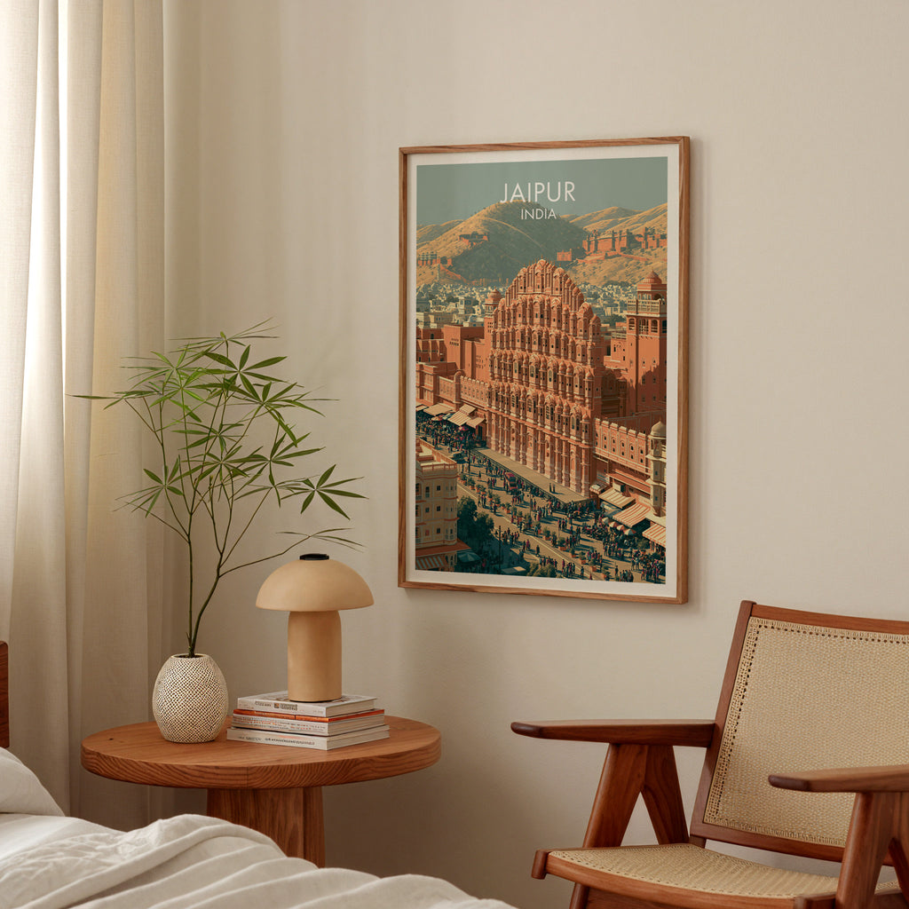 Hawa Mahal Jaipur India poster above a bedroom nightstand with a bamboo plant and mushroom lamp