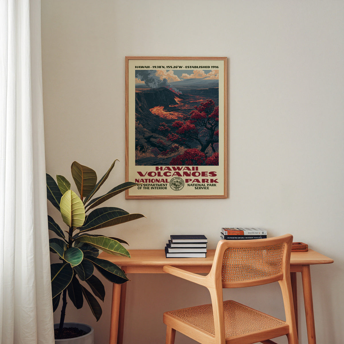 Hawaiʻi Volcanoes National Park retro poster framed above a wooden home office desk with books and plants