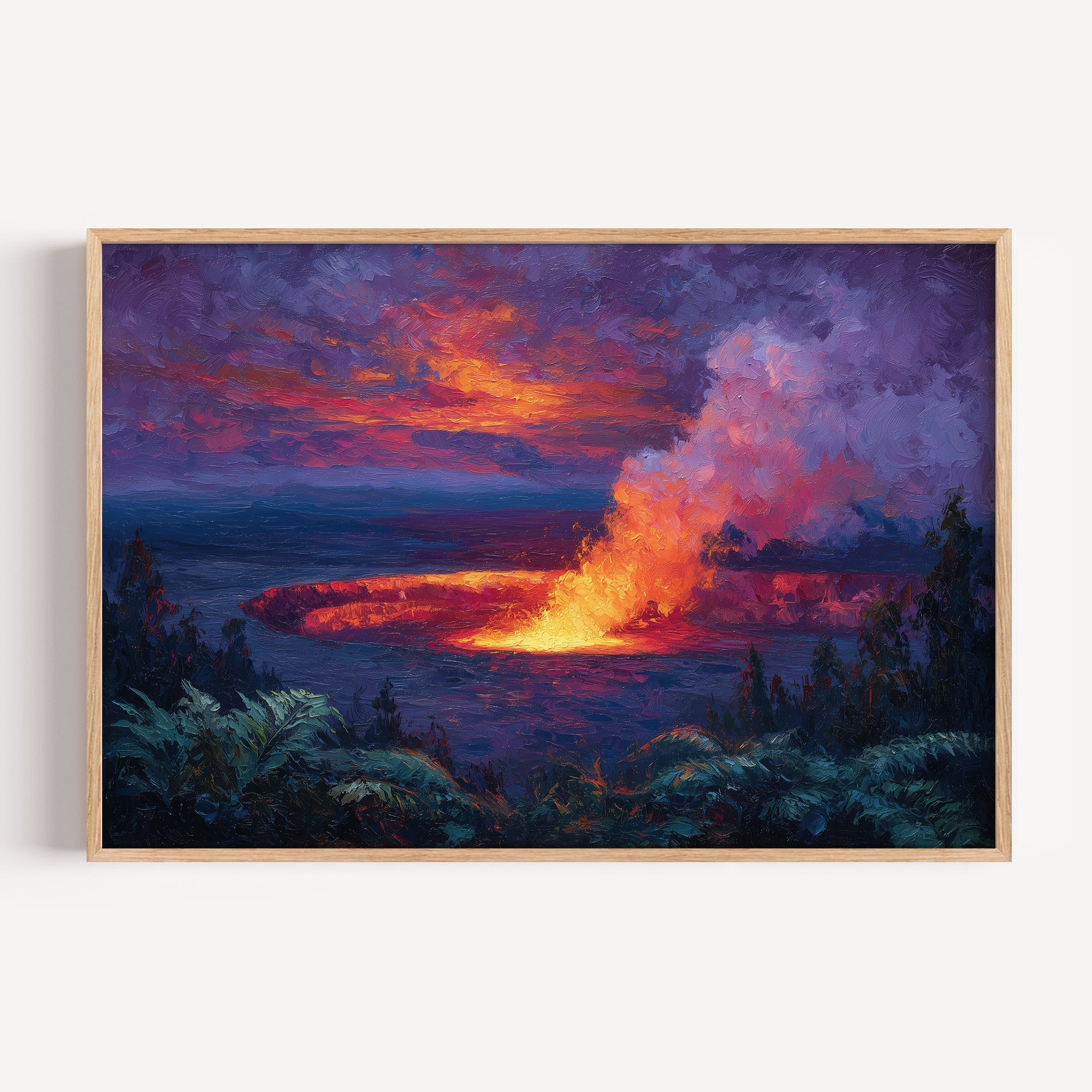 Hawaii Volcanoes National Park oil painting print in an oak frame: a glowing lava lake at dusk