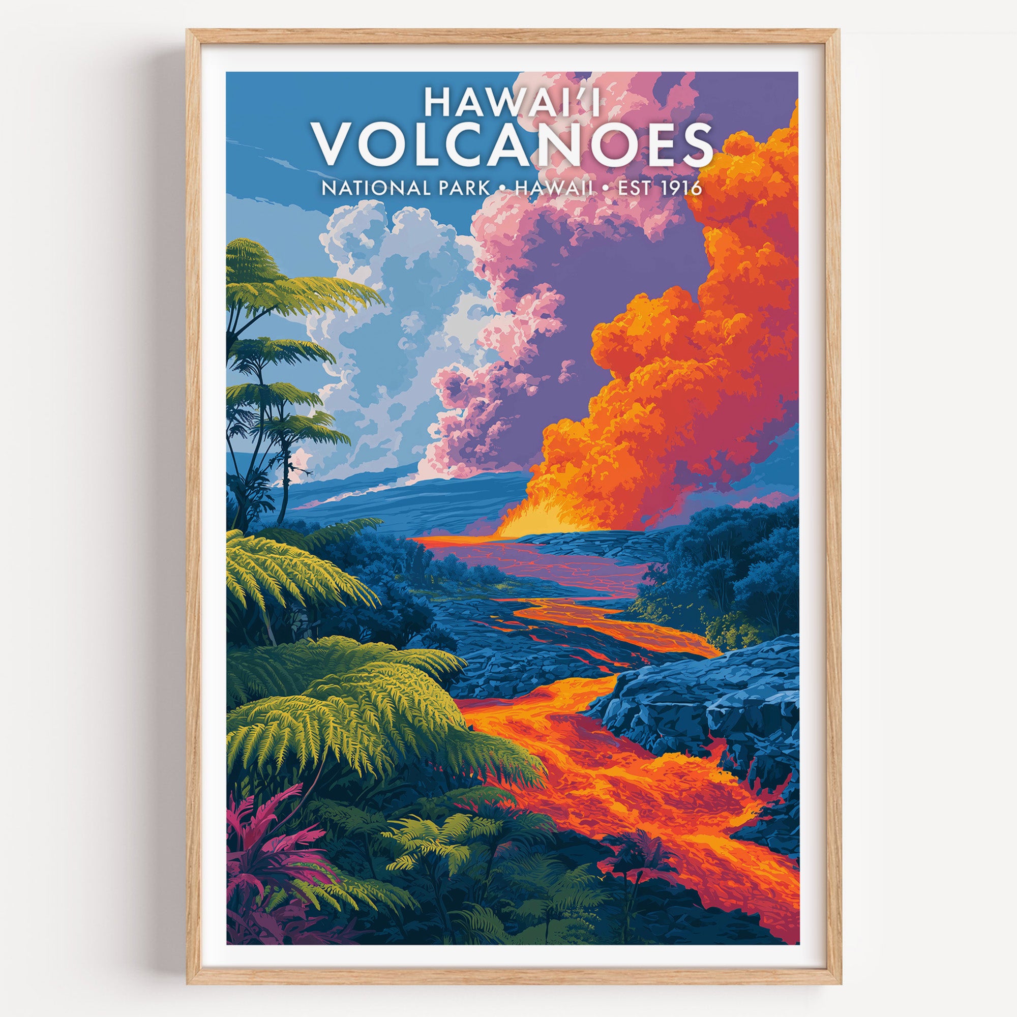 Hawaiʻi Volcanoes National Park mid-century modern art print — a molten lava channel glowing orange through dark rock