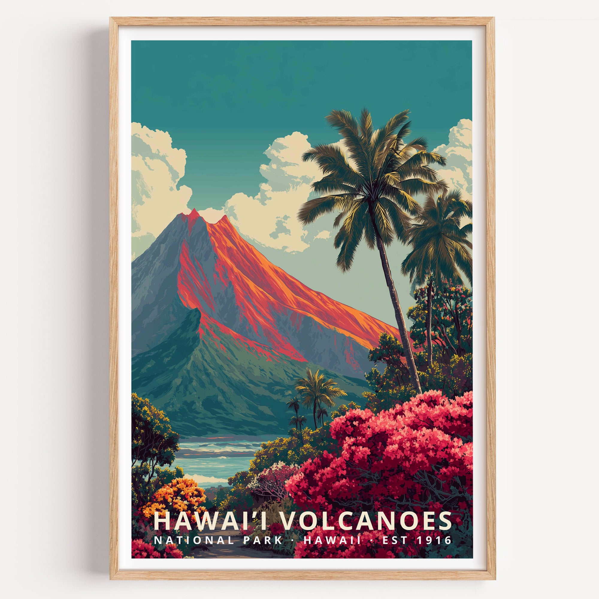 Hawaiʻi Volcanoes National Park retro travel poster — a red-lit volcanic cone above palms and flowering tropical shrubs, Hawaii