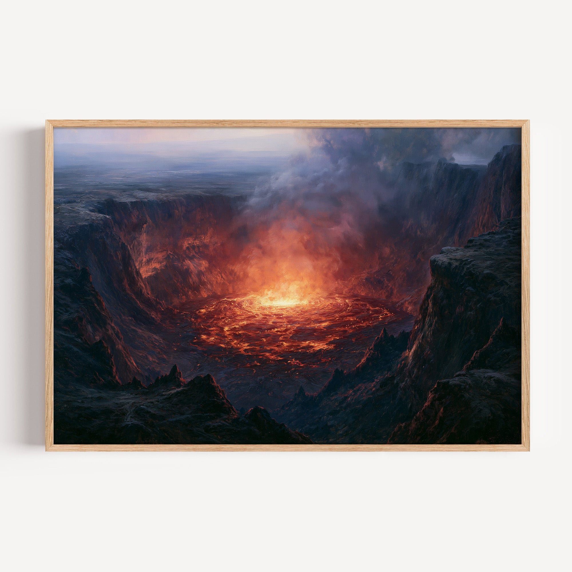 Hawaii Volcanoes classical oil painting print in an oak frame: a glowing lava lake in a dark crater