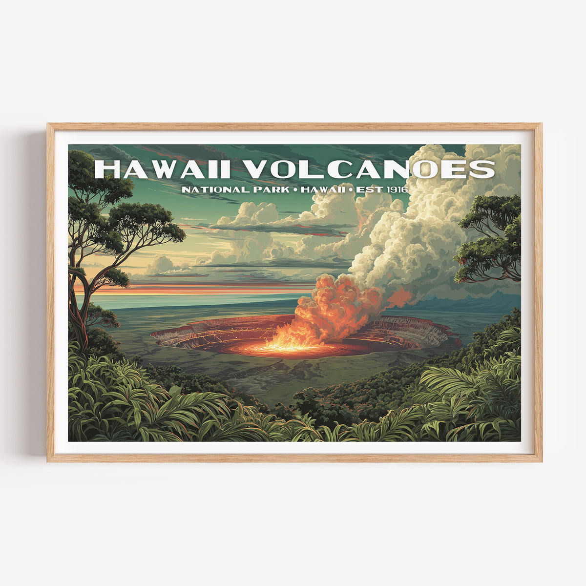 Glowing lava in the Kilauea crater sending a plume of steam above the rainforest — Hawaiʻi Volcanoes National Park vintage travel poster