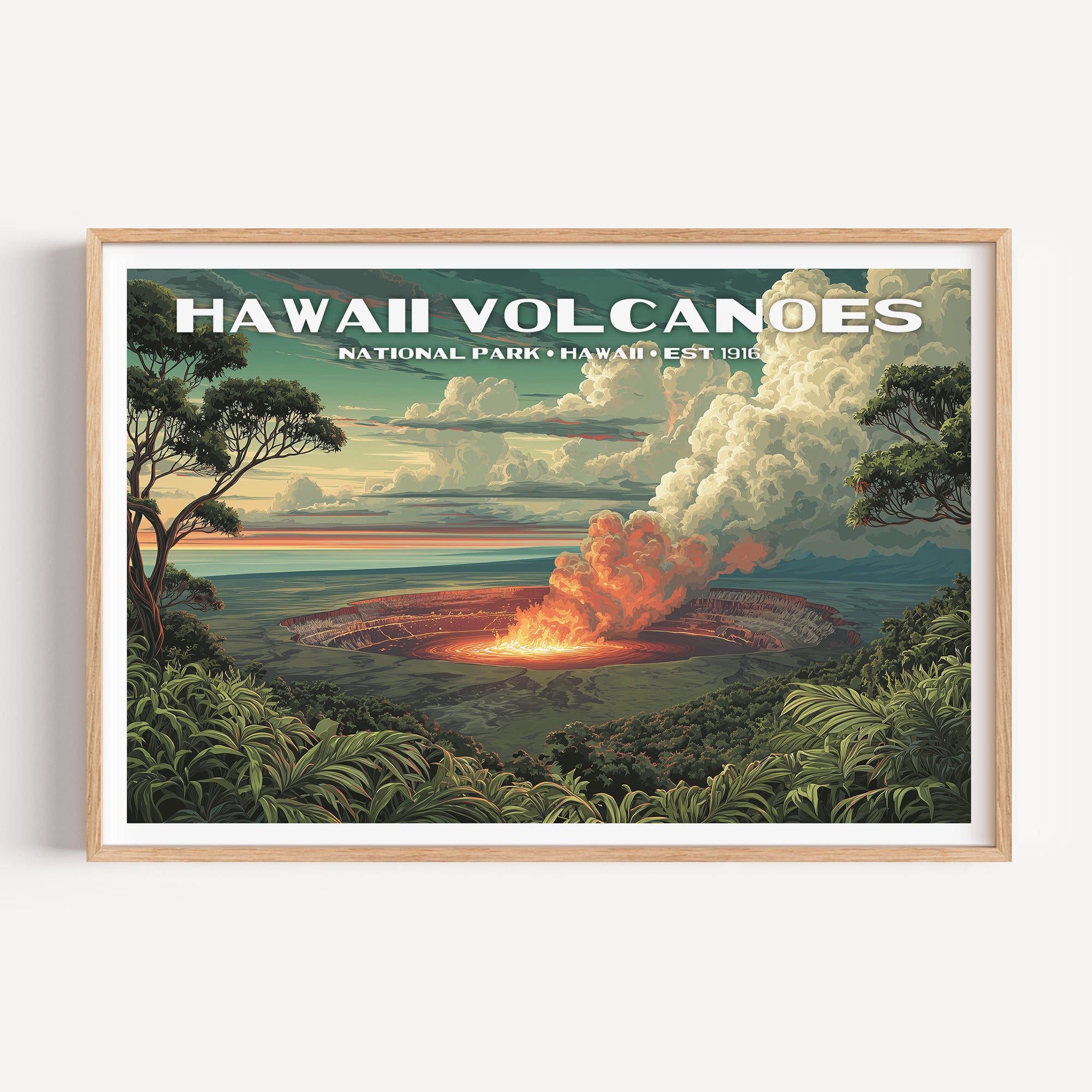 Glowing lava in the Kilauea crater sending a plume of steam above the rainforest — Hawaiʻi Volcanoes National Park vintage travel poster