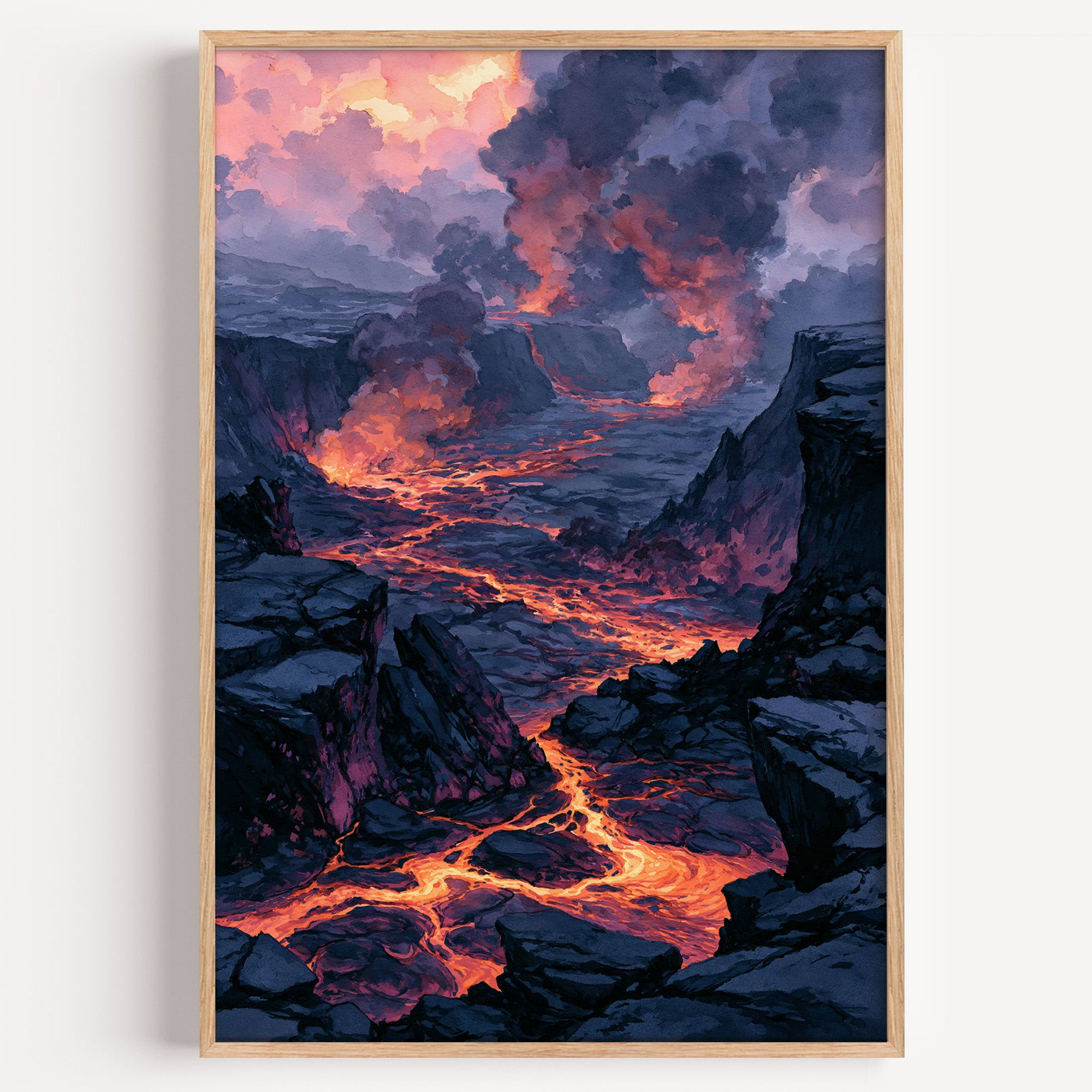 Hawaii Volcanoes National Park watercolor art print: glowing orange lava river through black basalt with rising steam