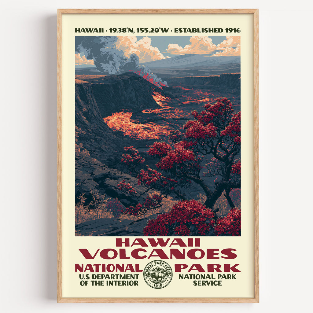 Hawaiʻi Volcanoes National Park vintage WPA poster in a wood frame, molten lava and lehua blossoms