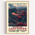 Hawaiʻi Volcanoes National Park vintage WPA poster in a wood frame, molten lava and lehua blossoms