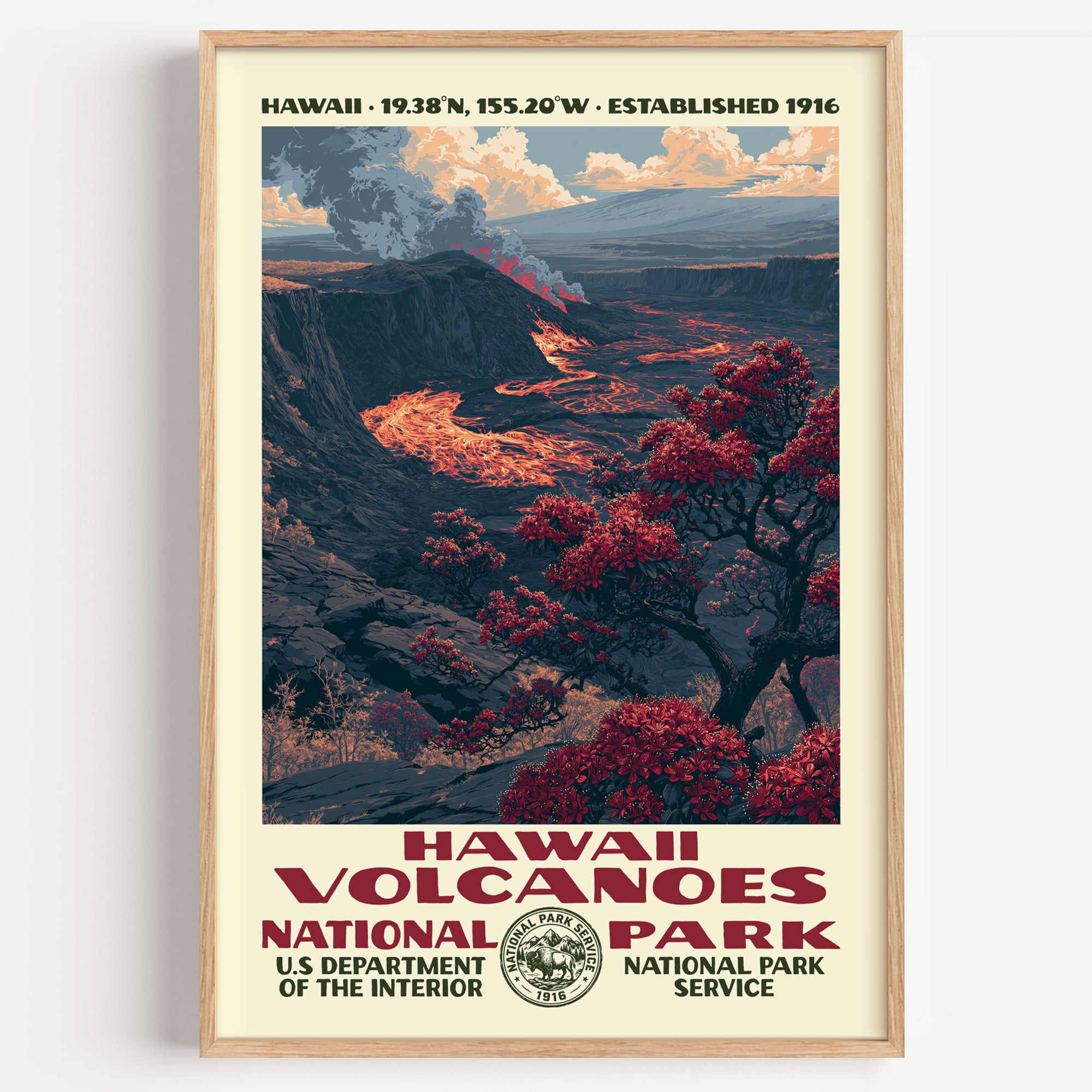 Hawaiʻi Volcanoes National Park vintage WPA poster in a wood frame, molten lava and lehua blossoms