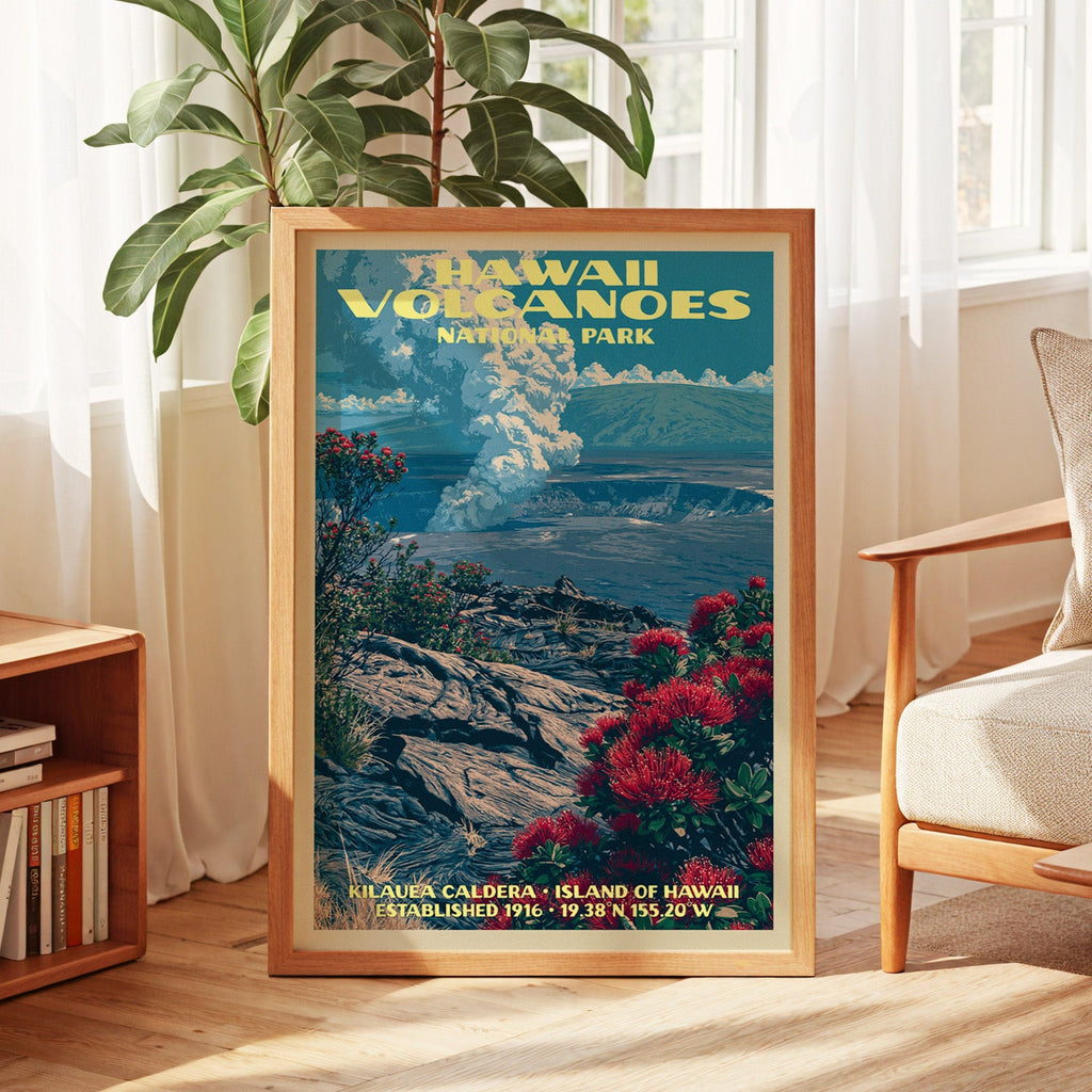 Kilauea Caldera poster in oak, leaning by a sunlit window with sheer curtains and a low bookshelf