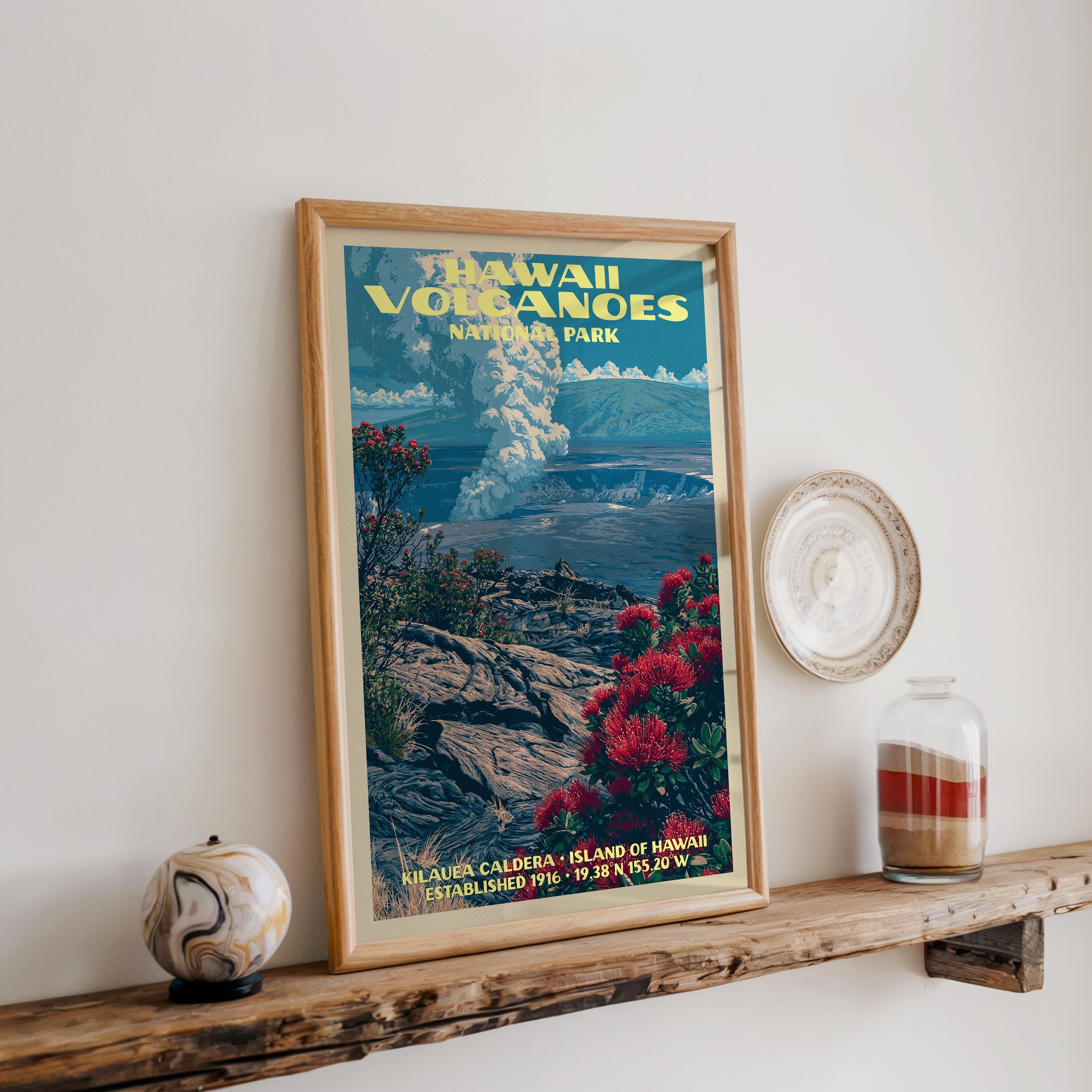 Hawaii Volcanoes print in oak, leaning on a reclaimed wood ledge with a marbled stone sphere and a sand jar