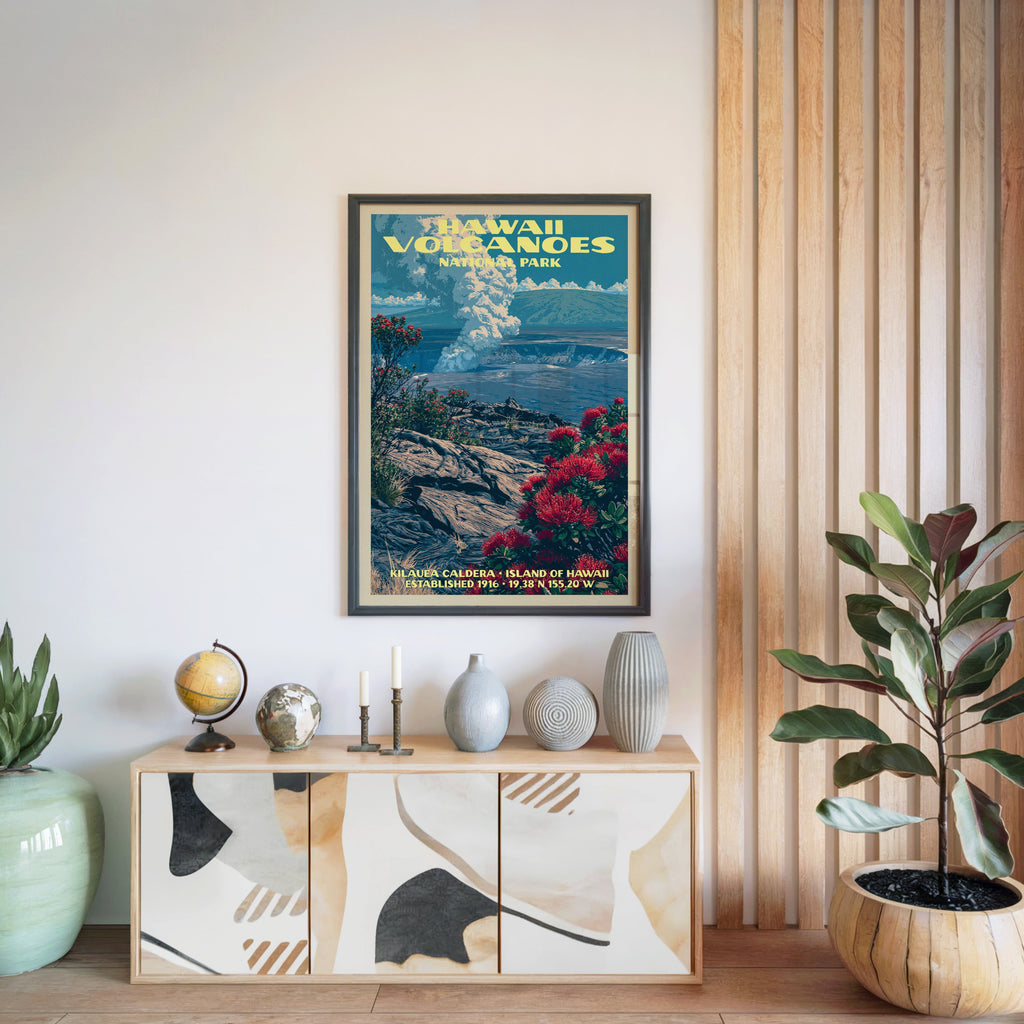 Hawaii Volcanoes National Park poster in a black frame above a light wood sideboard with a globe and a candlestick