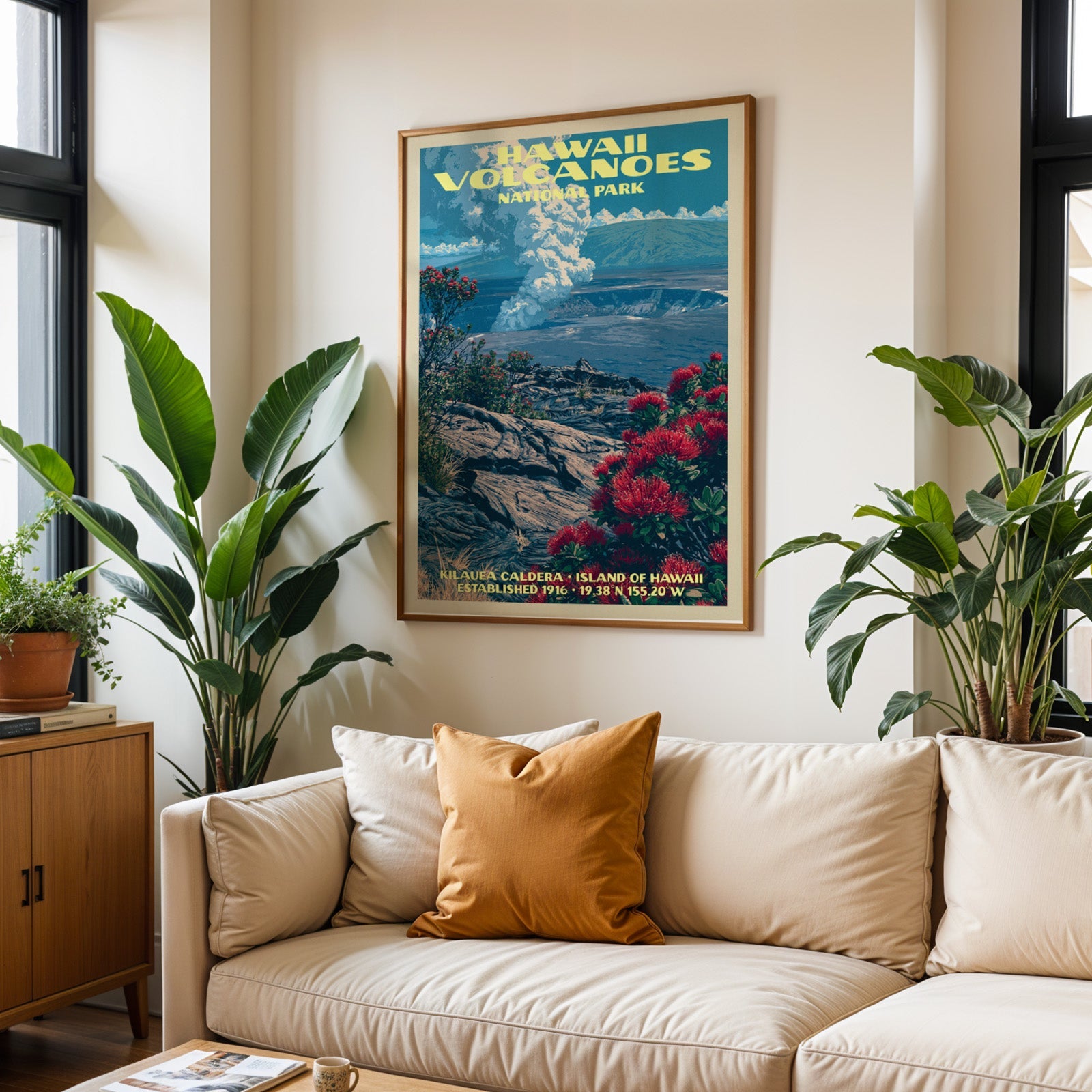 Hawaii Volcanoes vintage travel print in oak above a cream sofa with a rust cushion and tall tropical plants