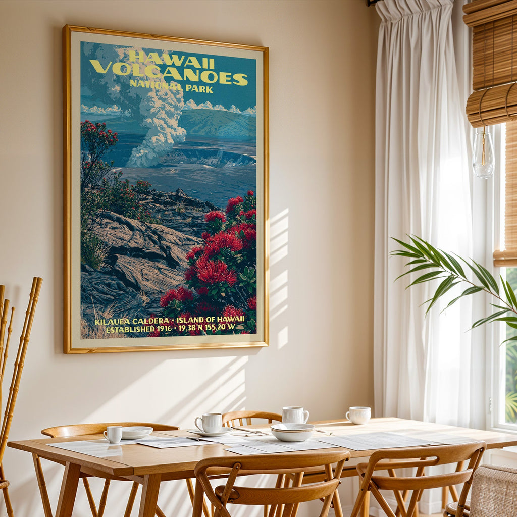 Hawaii Volcanoes National Park print in a gold frame above a light oak dining table by a curtained window
