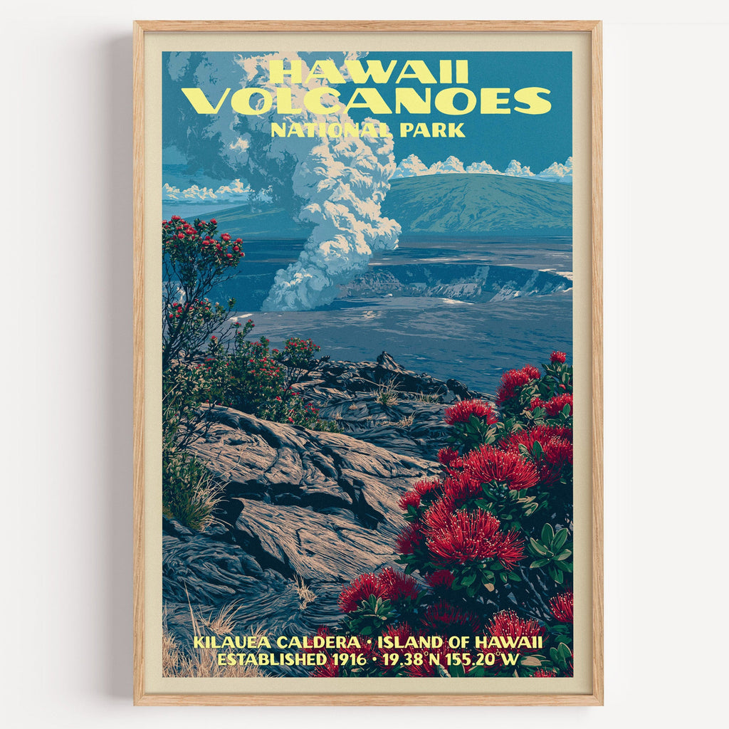 Kilauea Caldera Hawaii Volcanoes National Park vintage poster in a light oak frame on a plain white wall