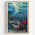 Kilauea Caldera Hawaii Volcanoes National Park vintage poster in a light oak frame on a plain white wall