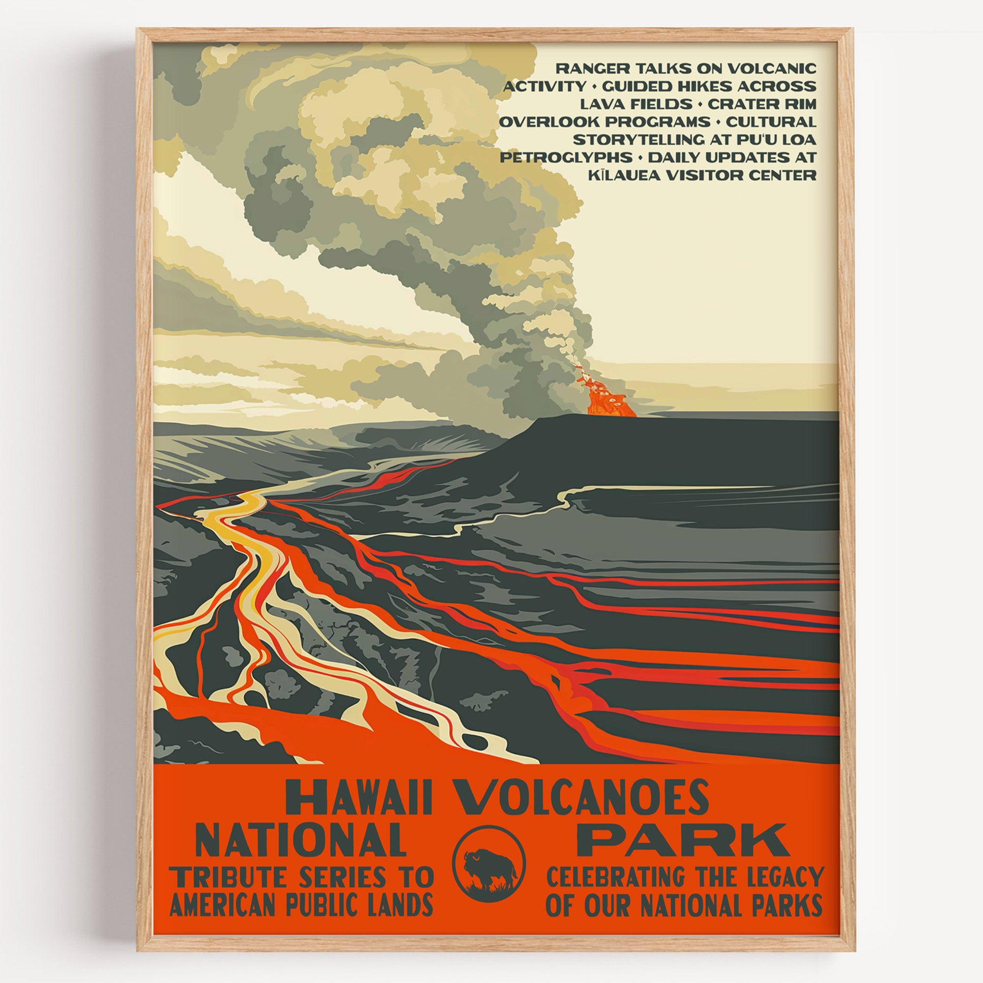 Hawaii Volcanoes National Park wall art print in a thin wood frame, a lava flow and steam plume pouring from the crater